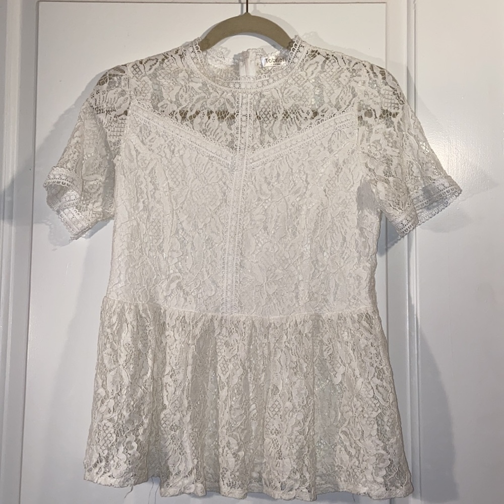 Amazon Tobrief Sheer Lace  Peplum Blouse White